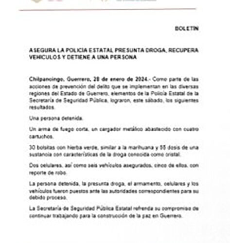 ASEGURA LA POLICÍA ESTATAL PRESUNTA DROGA, RECUPERA VEHÍCULOS Y DETIENE A UNA PERSONA