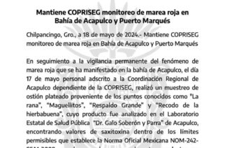 Mantiene COPRISEG monitoreo de marea roja en Bahía de Acapulco y Puerto Marqués