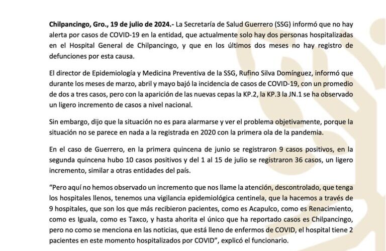 Descarta la SSG alerta por COVID-19 en Guerrero