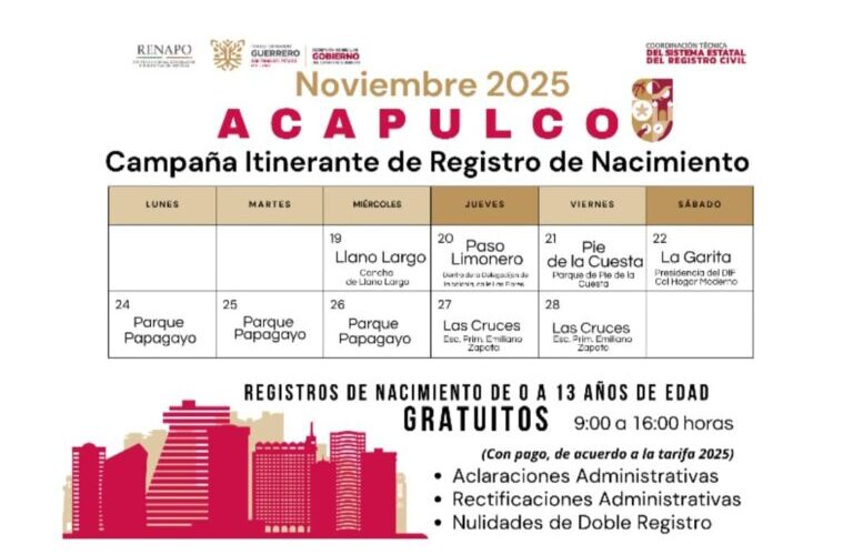 Del 19 al 28 de noviembre se realizará campaña gratuita de registro de nacimiento en Acapulco